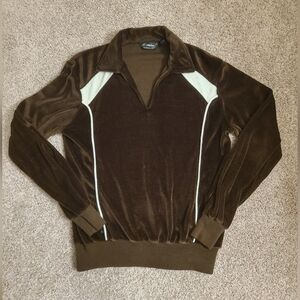 70s Vintage Townsley Velour Vneck Pullover Brown White